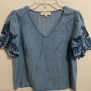 Women’s Nanette Lepore Denim Chambray Embroidered Scallop Sleeve Top, Small